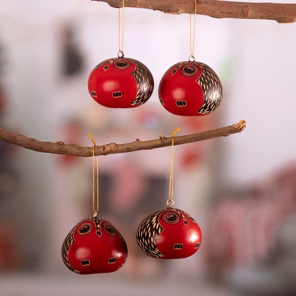 Red Dried Mate Gourd Owl Ornaments from Peru set of 4 'Owl Sentries'