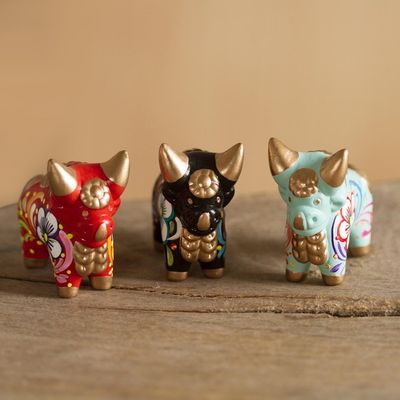 Primary image for Handcrafted Multicolor Set of Three Bull Figurines Little Pucara Bulls