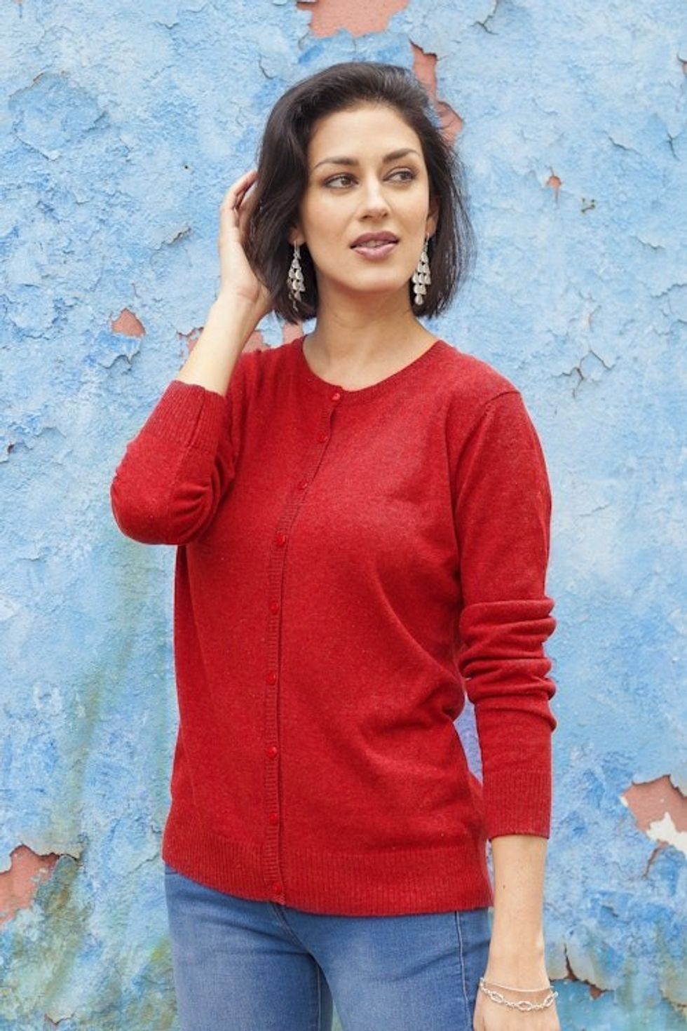 Cardinal Red Cotton Blend Cardigan Sweater from Peru 'Casual Comfort in Red'