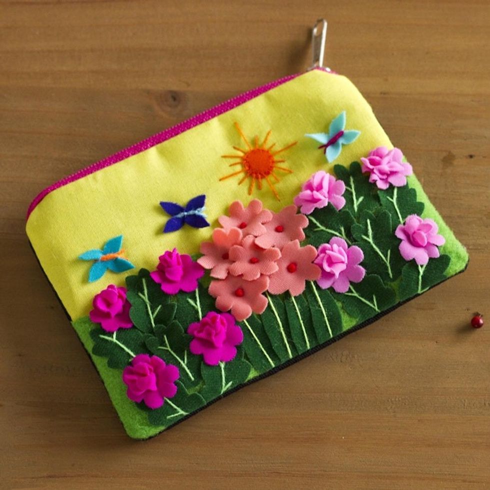 Andean Folk Art Cotton Applique Change Purse 'Butterfly Afternoon'