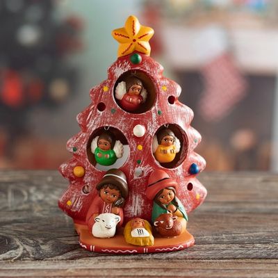 Alternate image for Ceramic Christmas Nativity Scene in Red from Peru Birth Beneath the Red Tree