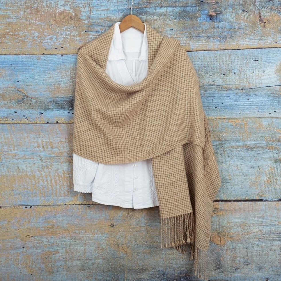 Brown Beige Fringed Shawl Hand-Woven in 100 Baby Alpaca 'Tweed Inspiration'