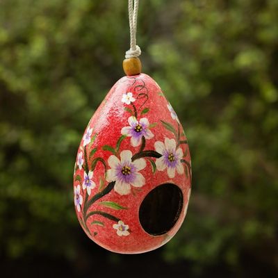 Alternate image for Hand Painted Crackled Red Dried Gourd Birdhouse from Peru Spring Rose Condo