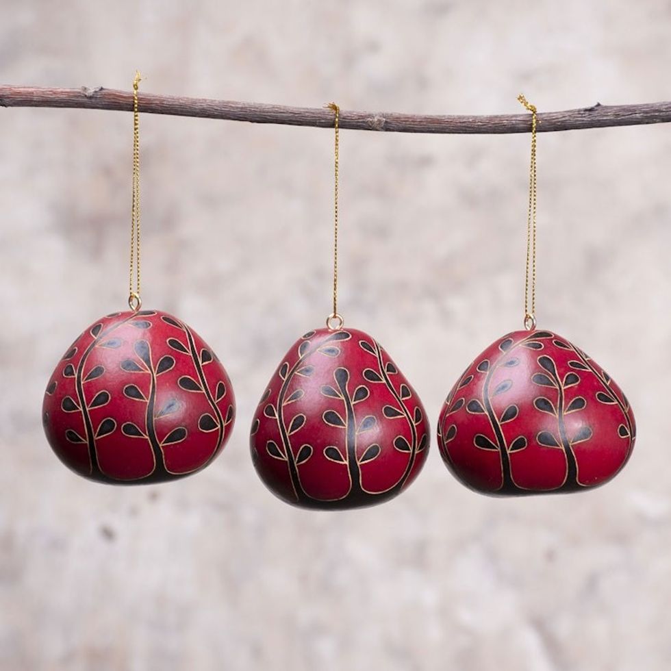 Dried Mate Gourd Floral Motif Ornaments from Peru set of 3 'The Flowering Season'