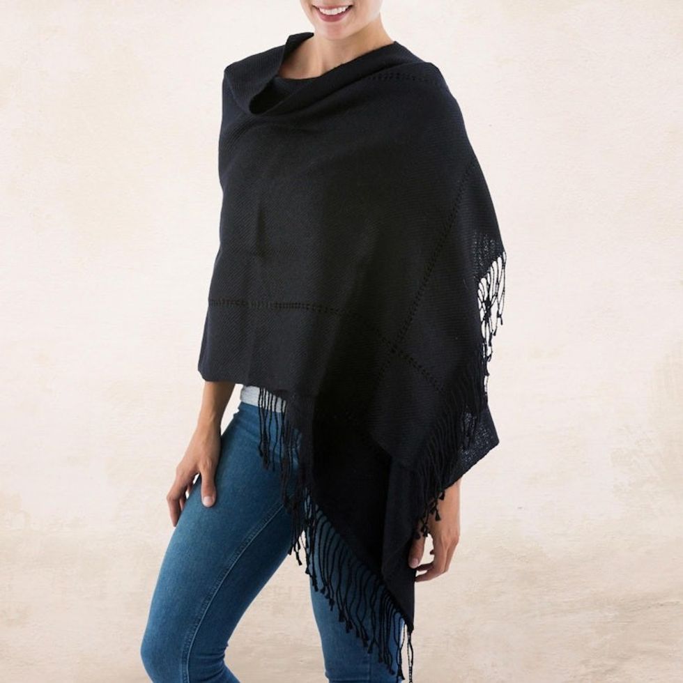 Black Baby Alpaca Handwoven Peruvian Shawl 'Timeless in Black'