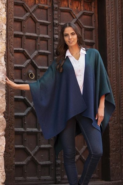 Alternate image for Reversible Alpaca Blend Ruana in Navy and Kelly Green Andean Vistas