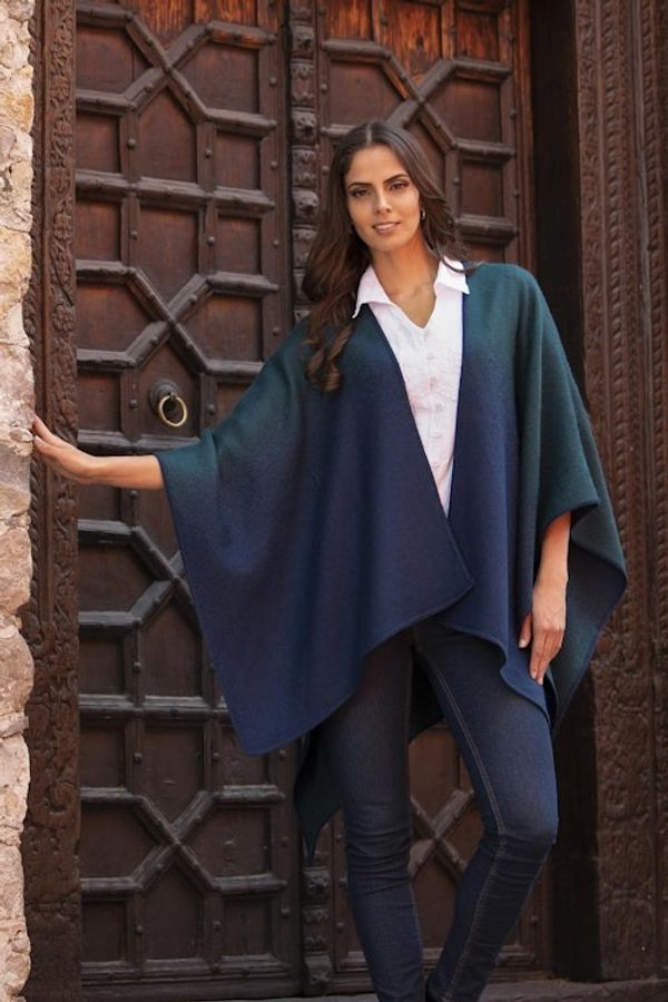 Alternate image for Reversible Alpaca Blend Ruana in Navy and Kelly Green Andean Vistas