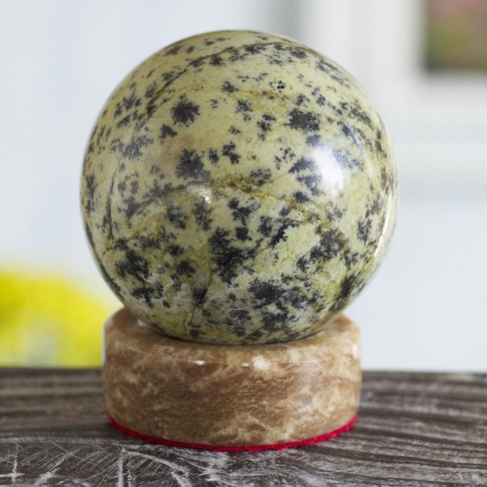 Green Nephrite Sphere Sculpture with Calcite Base 'Jade Mystique'