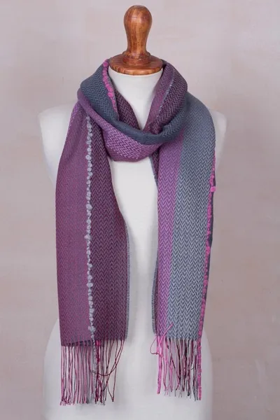 Alternate image for Baby Alpaca Blend Hand Woven Pink and Grey Striped Scarf Rosy Splendor