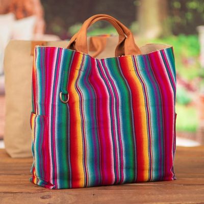 Alternate image for Striped Cotton Reversible Tote Bag with Leather Handles Inca Flair