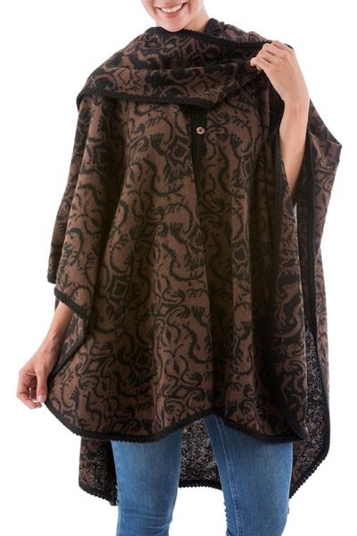 Alternate image for Hand Made Womens Alpaca Wool Blend Ruana Cloak Piura Flora