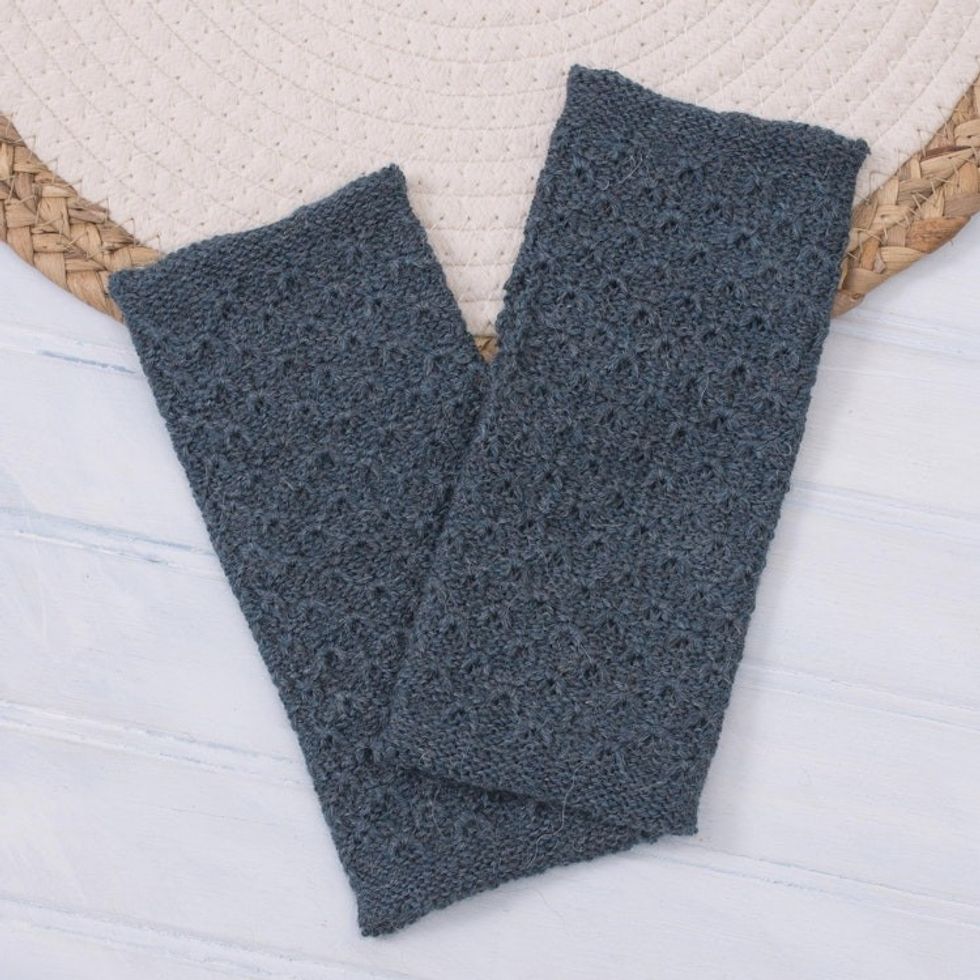 Patterned 100 Baby Alpaca Fingerless Mitts in Teal 'Gossamer Teal'