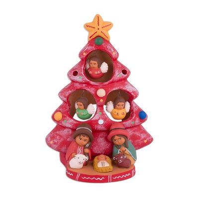 Alternate image for Ceramic Christmas Nativity Scene in Red from Peru Birth Beneath the Red Tree