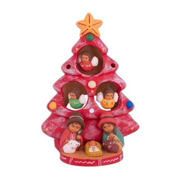 Alternate image for Ceramic Christmas Nativity Scene in Red from Peru Birth Beneath the Red Tree