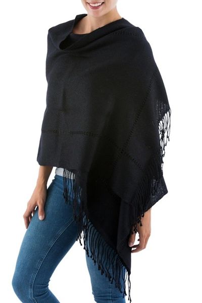Alternate image for Black Baby Alpaca Handwoven Peruvian Shawl Timeless in Black