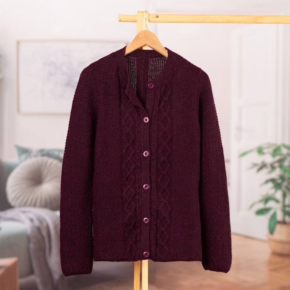 Knit Soft 100 Alpaca Button-Up Sweater in Bordeaux Hues 'Bordeaux Bonds'