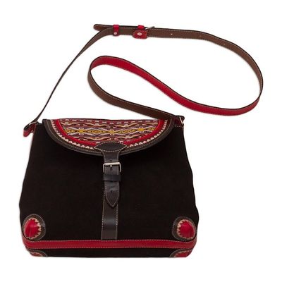 Alternate image for Black and Red Suede and Wool Shoulder Bag Sacred Valley