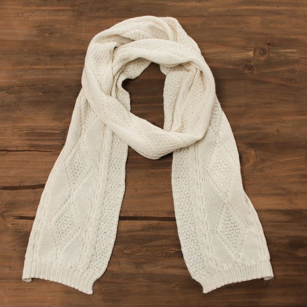 100 Alpaca Knit Wrap Scarf in Alabaster from Peru 'Alabaster Diamonds'