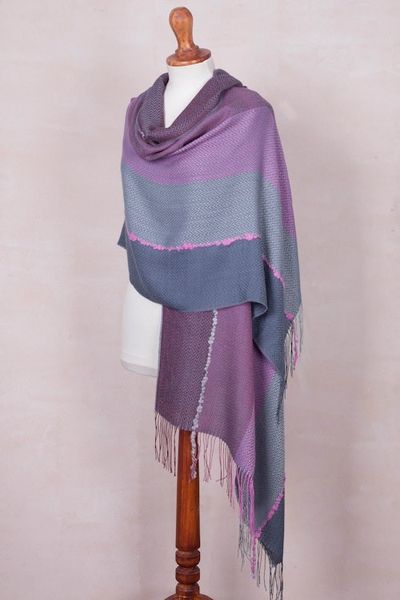 Alternate image for Pink and Grey Baby Alpaca Blend Hand Woven Shawl Stone Rose