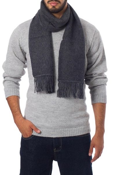 Alternate image for Unique Mens Alpaca Wool Solid Grey Scarf Charcoal Gift of Warmth