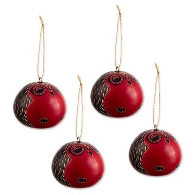 Alternate image for Red Dried Mate Gourd Owl Ornaments from Peru set of 4 Owl Sentries