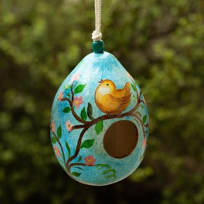 Alternate image for Blue Dried Gourd Birdhouse with Bird on a Flowering Tree Daybreak Courtyard