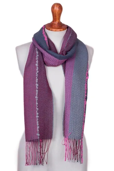 Alternate image for Baby Alpaca Blend Hand Woven Pink and Grey Striped Scarf Rosy Splendor