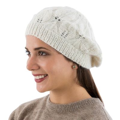 Alternate image for Hand Knit Andean 100 Alpaca Womens Beret in Ivory Ivory Leaves
