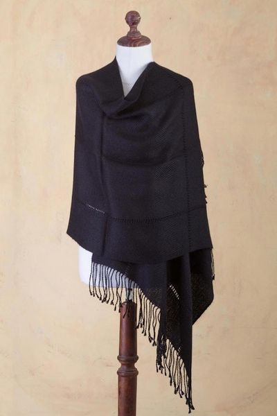 Alternate image for Black Baby Alpaca Handwoven Peruvian Shawl Timeless in Black