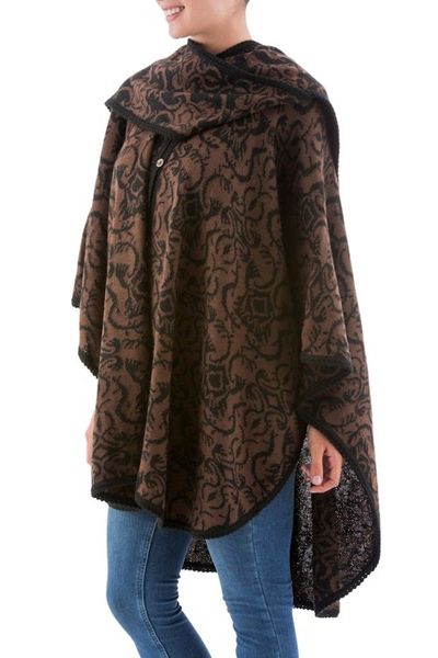 Alternate image for Hand Made Womens Alpaca Wool Blend Ruana Cloak Piura Flora