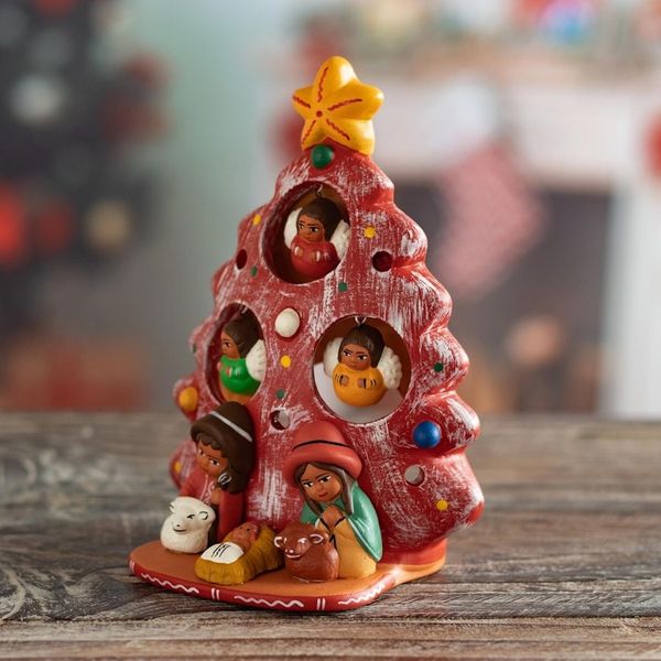 Alternate image for Ceramic Christmas Nativity Scene in Red from Peru Birth Beneath the Red Tree