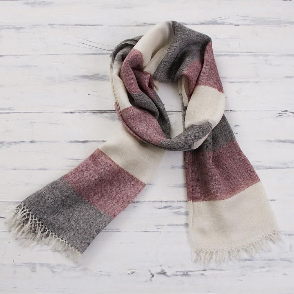 100 Alpaca Wool Dark Red Off White and Black Striped Scarf 'Favorite Cabernet'