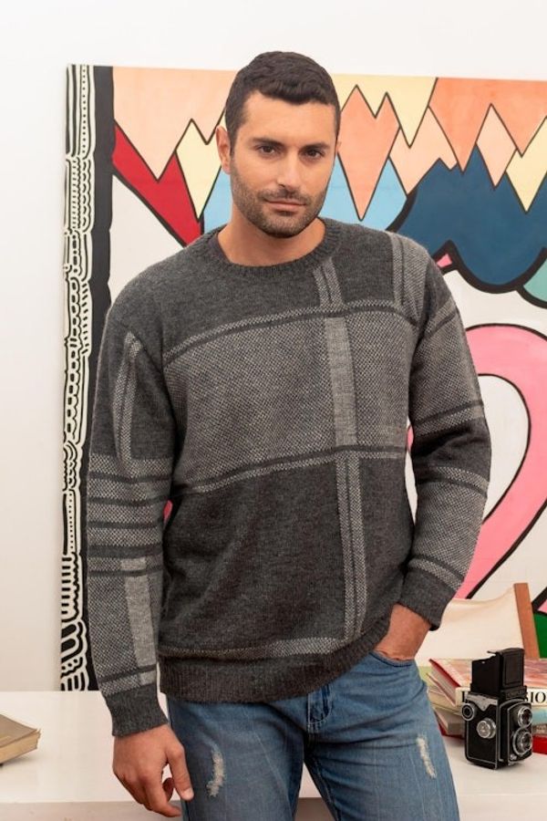 Alternate image for 100 Alpaca Mens Pullover Sweater in Tones of Grey Modern Tartan