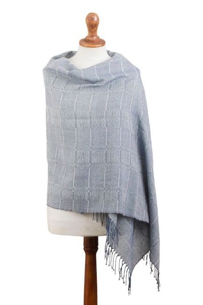 Alternate image for Powder Blue Patterned Handwoven Baby Alpaca Shawl Whispering Blue