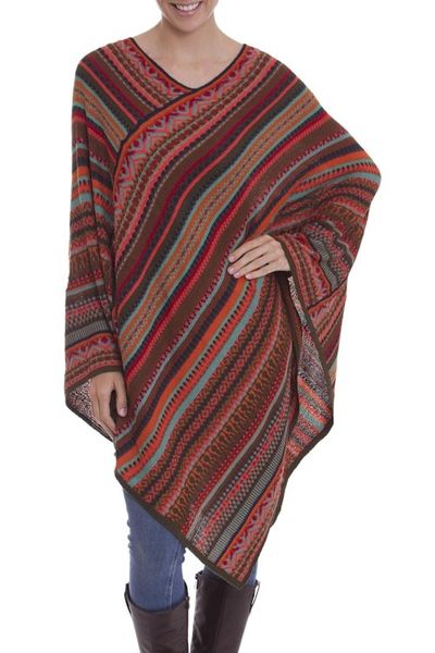 Alternate image for Red and Multi-Color Striped Acrylic Knit Poncho Rivers of Red