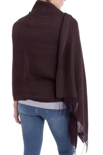 Alternate image for Iris Purple with Olive Green Woven Alpaca Fringed Shawl Iris Fields