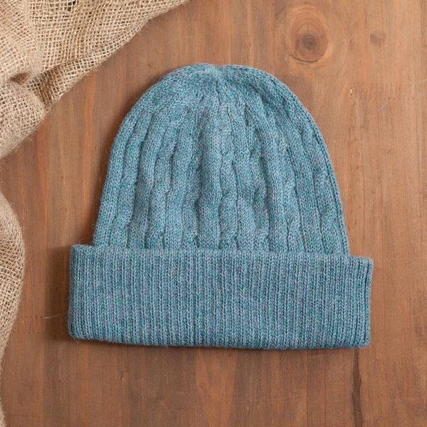Alternate image for Robins Egg Blue 100 Alpaca Soft Cable Knit Hat from Peru Comfy in Blue