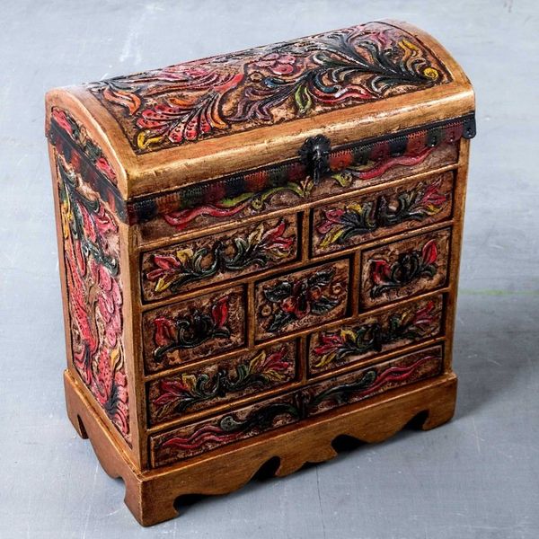Alternate image for Unique Leather and Wood Bird Jewelry Box Bright Hummingbird