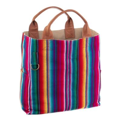 Alternate image for Striped Cotton Reversible Tote Bag with Leather Handles Inca Flair