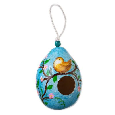 Alternate image for Blue Dried Gourd Birdhouse with Bird on a Flowering Tree Daybreak Courtyard