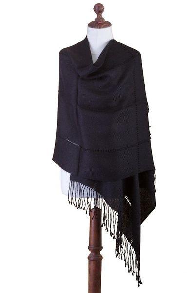 Alternate image for Black Baby Alpaca Handwoven Peruvian Shawl Timeless in Black