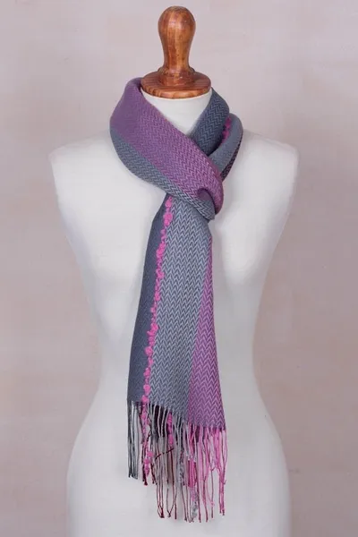 Alternate image for Baby Alpaca Blend Hand Woven Pink and Grey Striped Scarf Rosy Splendor