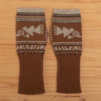 Alternate image for Chancay Motif Fingerless Gloves Chancay Icons in Burnt Sienna