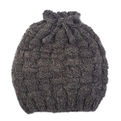 Alternate image for Natural Grey Hand Knit Alpaca Combination Hat and Neck Cover Checkerboard Warmth