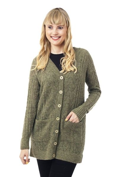 Alternate image for Cable Knit Baby Apaca Blend Cardigan in Olive from Peru Comfortable Charm in Olive