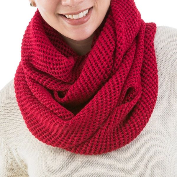 Alternate image for Peruvian Baby Alpaca Wool Infinity Scarf Knitted in Red Crimson Honeycomb