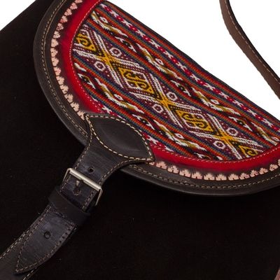 Alternate image for Black and Red Suede and Wool Shoulder Bag Sacred Valley