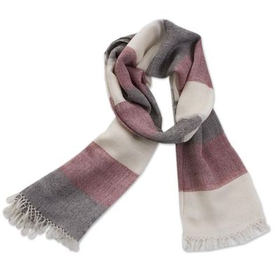 Alternate image for 100 Alpaca Wool Dark Red Off White and Black Striped Scarf Favorite Cabernet