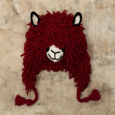 Alternate image for Furry Red Llama Beanie Hat from Peru Smiling Llama