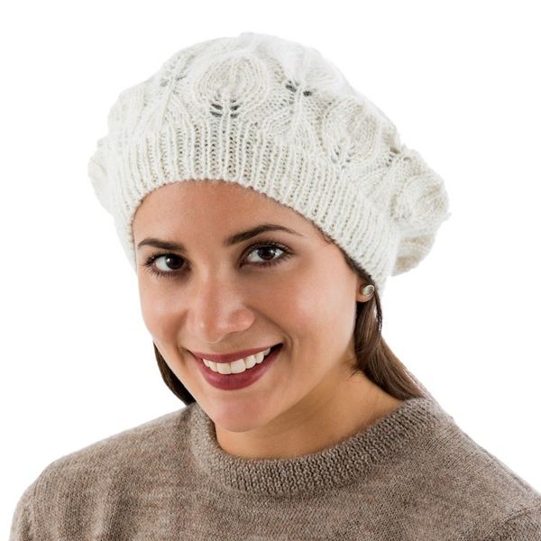 Alternate image for Hand Knit Andean 100 Alpaca Womens Beret in Ivory Ivory Leaves